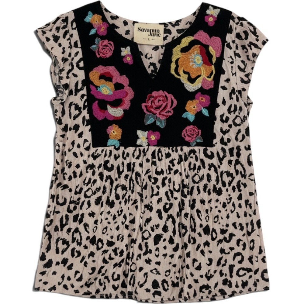 Savanna Jane Leopard Print Floral Embroidered Boho Top Tan Black Womens Large